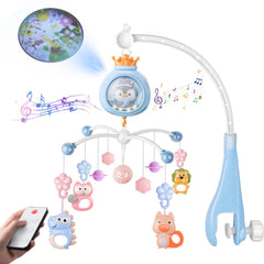 Crib Mobile with music and lights projects animals on wall for visual engagement.