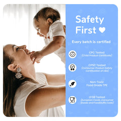 Cribflex on crib rail demonstrates teething protection for furniture.
