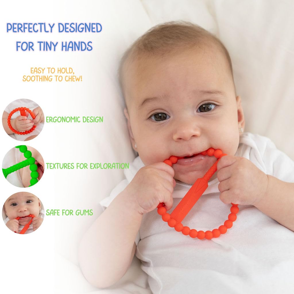 CRICBABY cricket ball teether closeup with five textures for sensory play