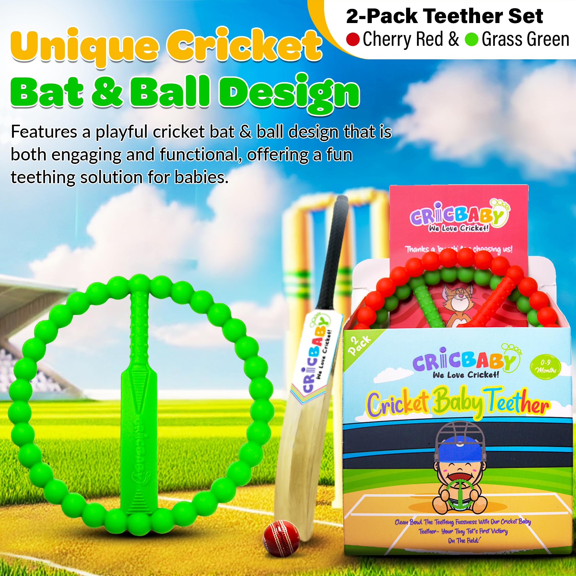 CRICBABY teether held by a baby demonstrates easy-grip design