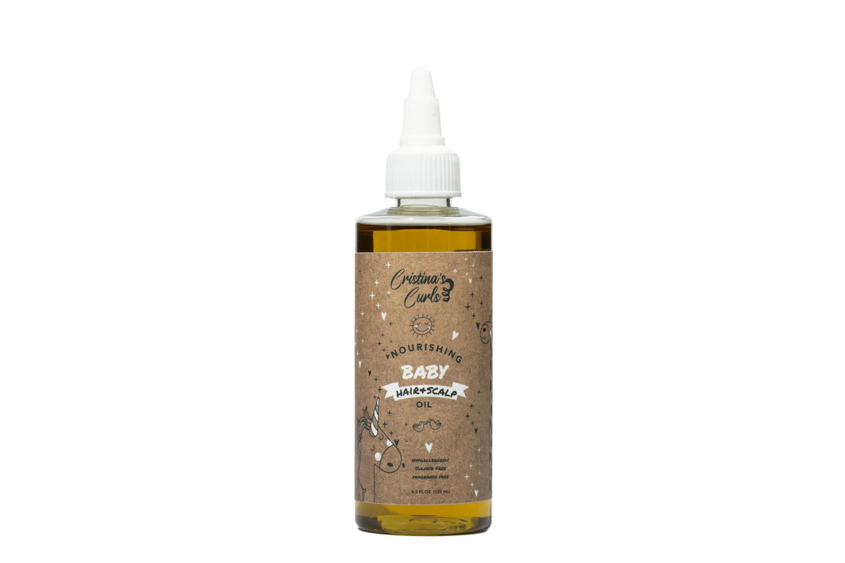 Cristina's Curls Nourishing Baby Hair & Scalp Oil bottle closeup for gentle hydration and sheen