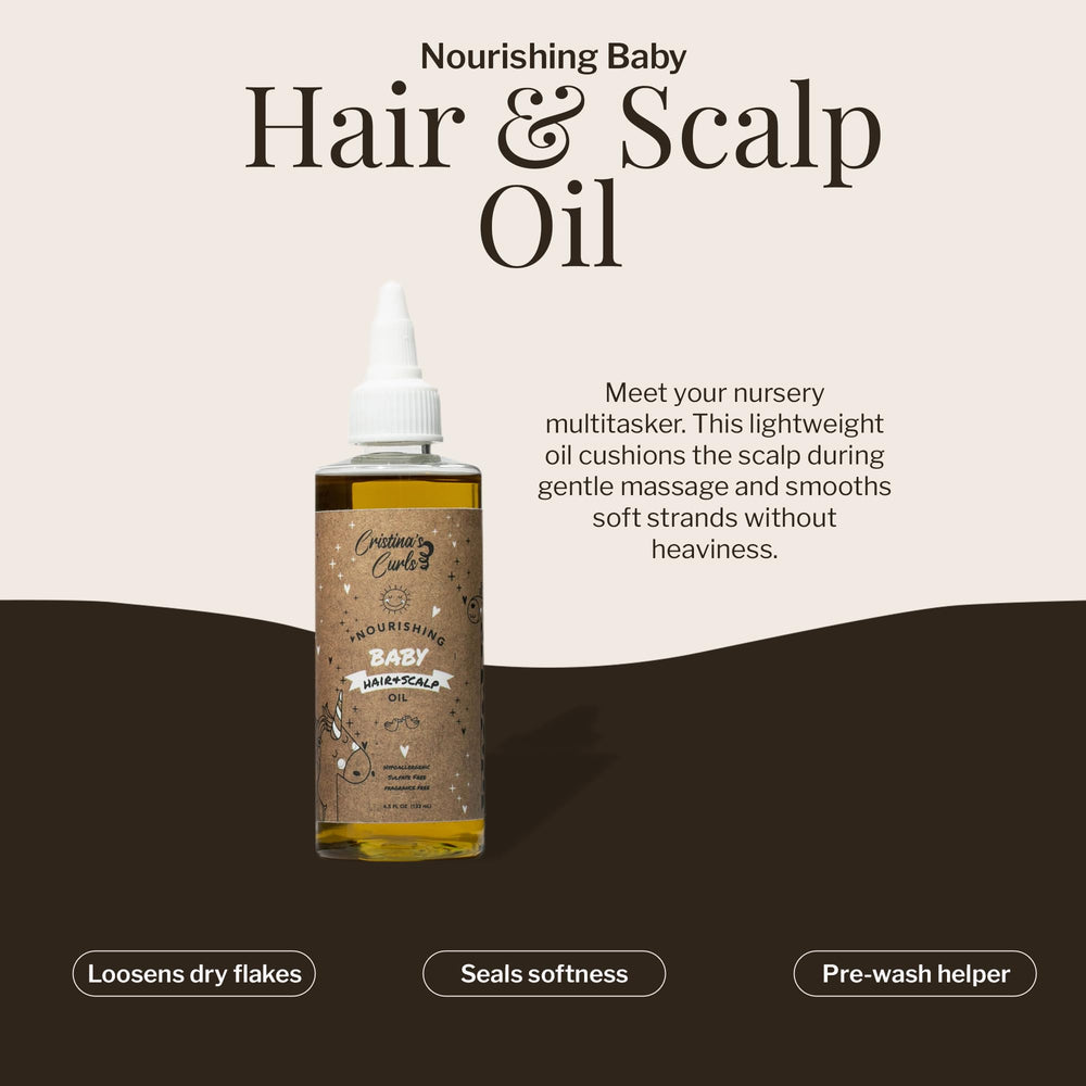 Cristina's Curls oil in hands during warm massage supports scalp comfort