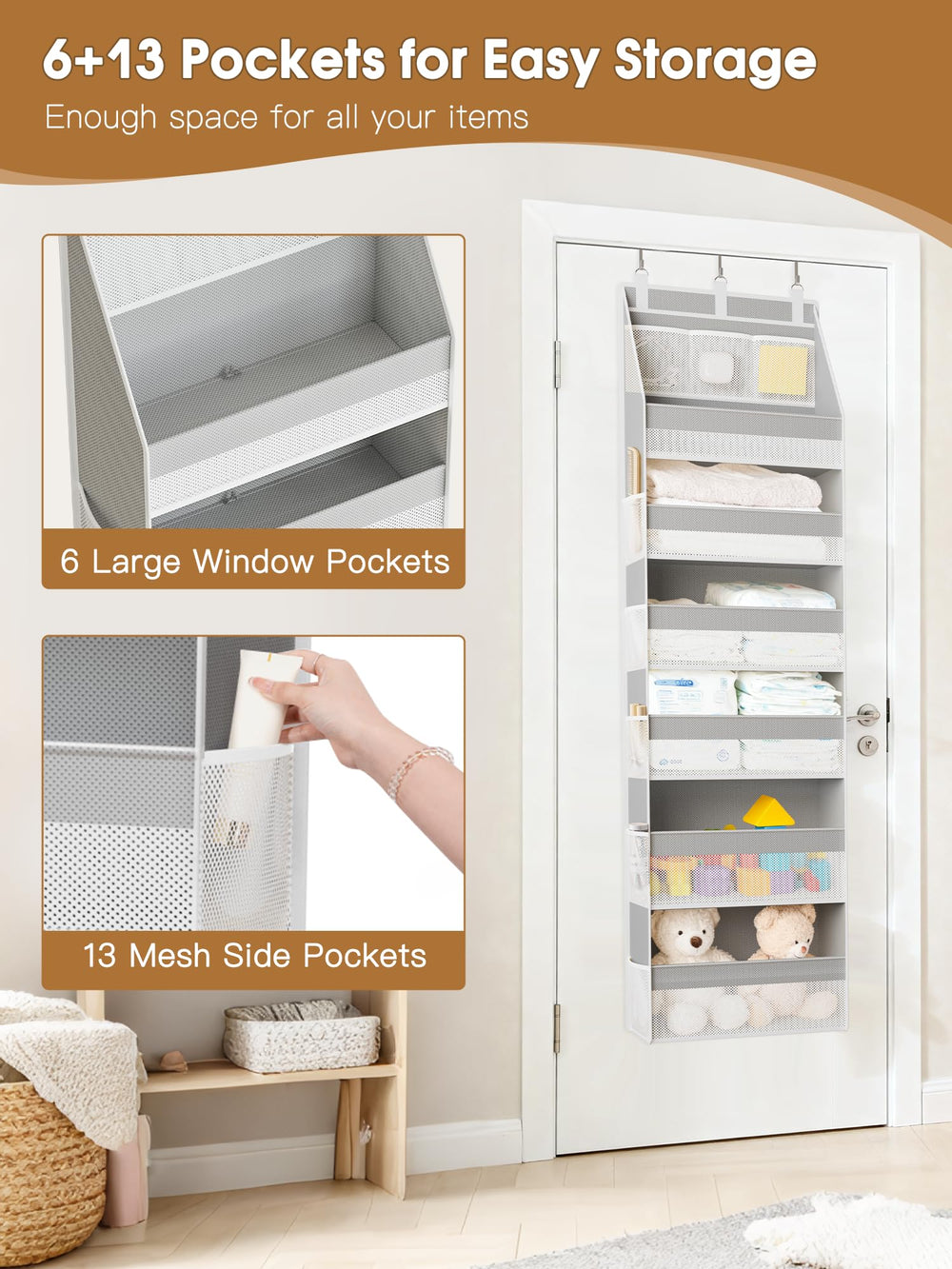 Criusia door organizer ideal for nurseries and dorm rooms behind doors.