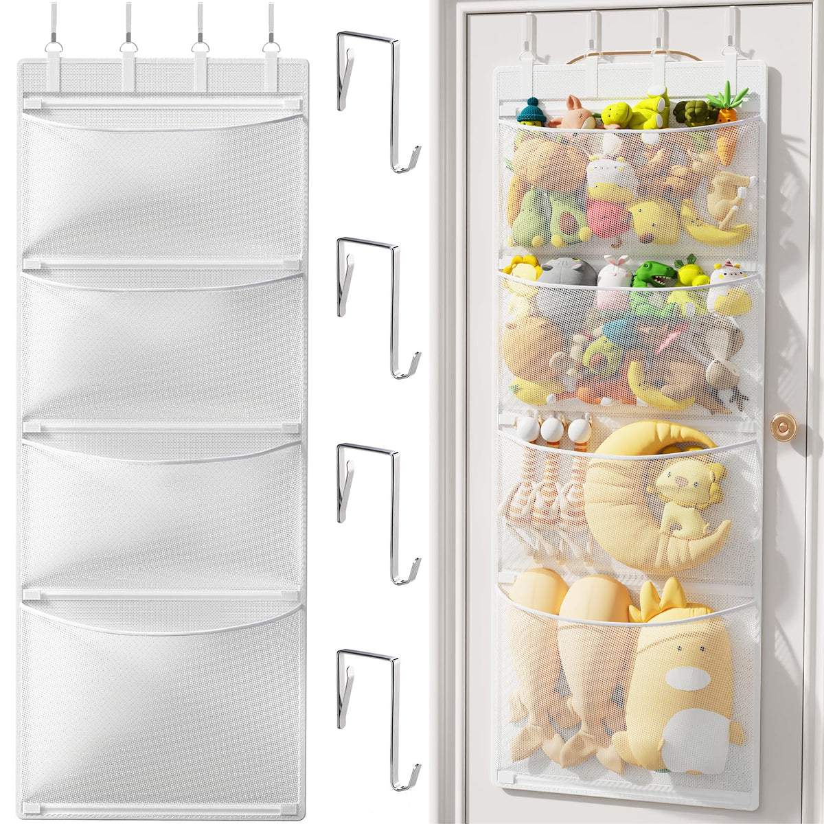 Criusia over-the-door organizer with four mesh pockets keeps plush toys tidy and visible.