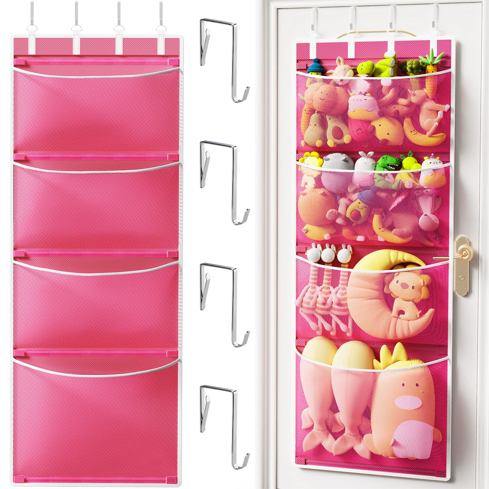 Criusia over-the-door hanging organizer in pink with visible pockets for plush toys.