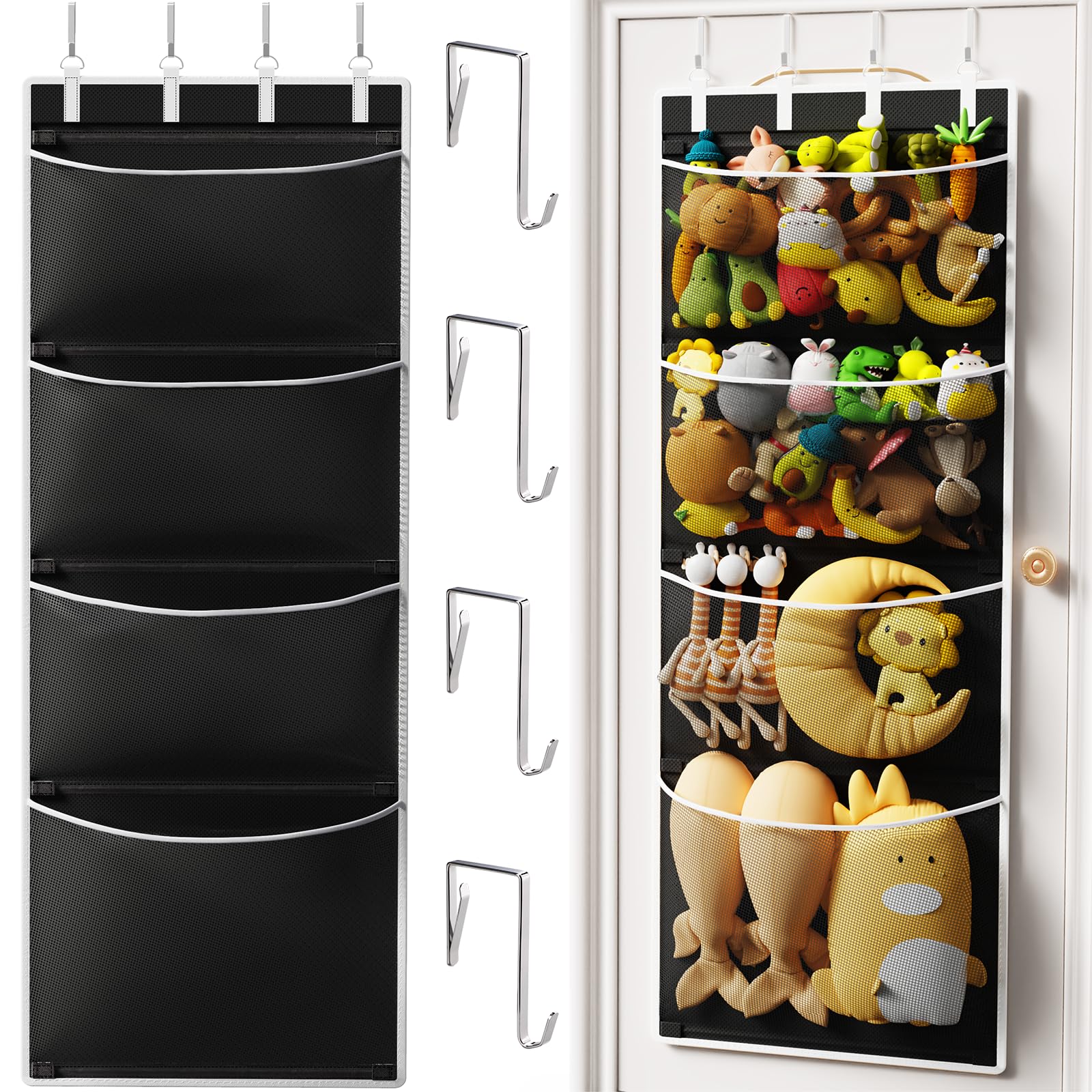 Criusia over-the-door organizer with four deep mesh pockets for breathable storage.