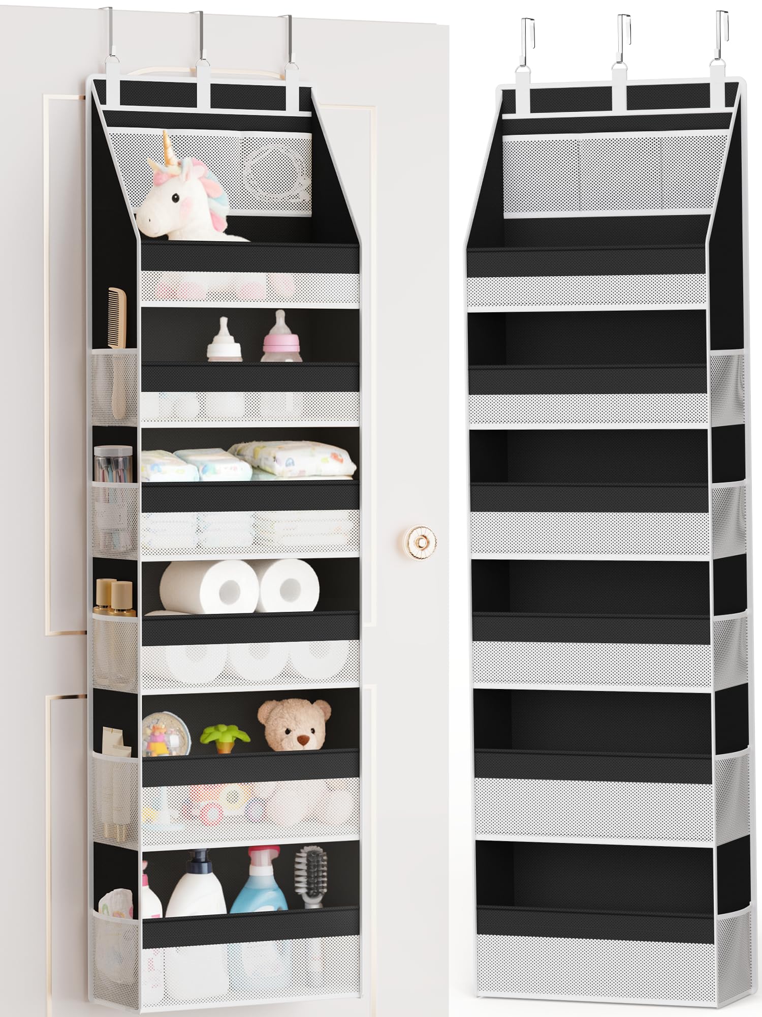 Criusia over-the-door organizer six-shelf stores towels and small items neatly.