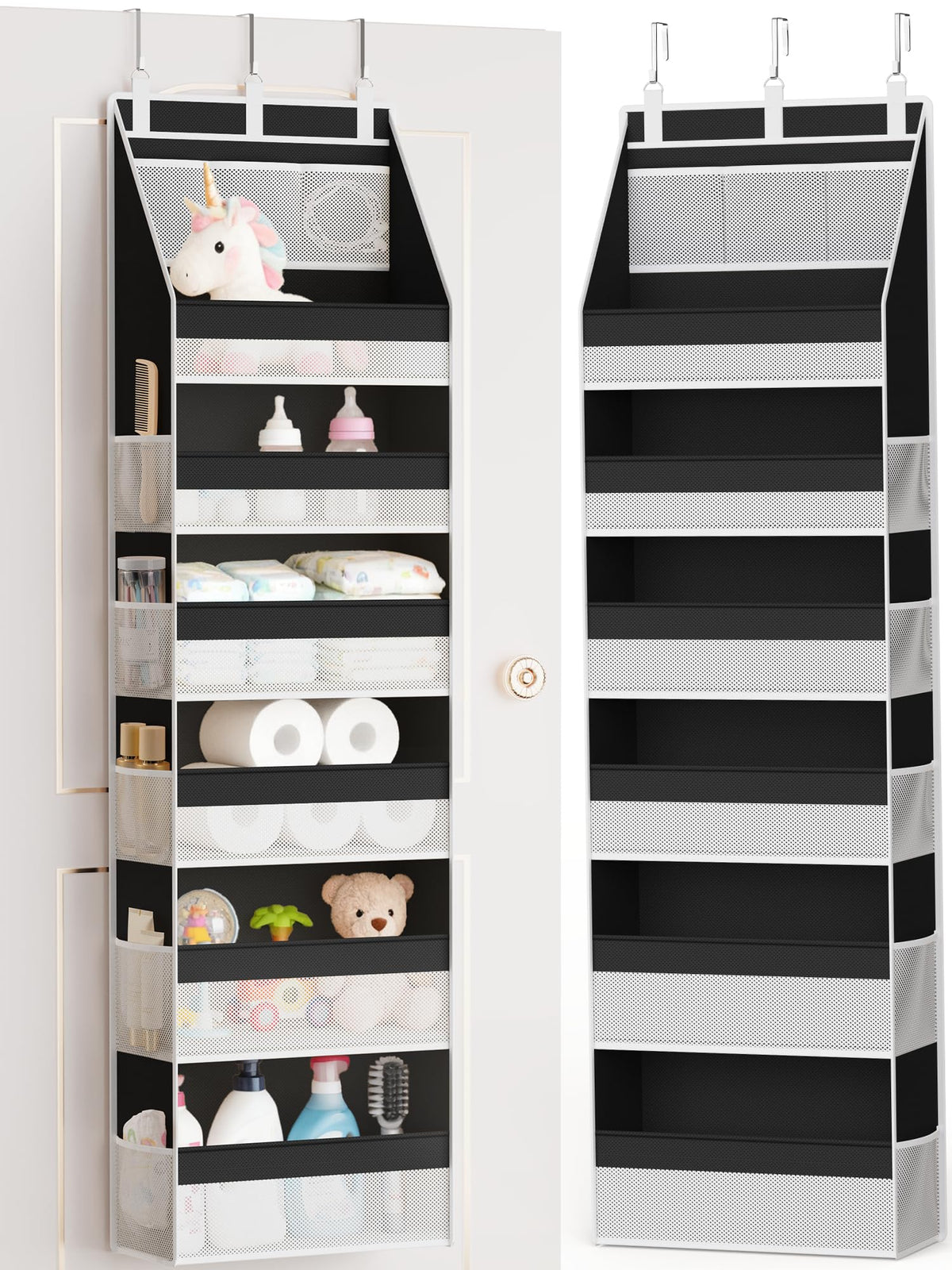 Criusia over-the-door organizer six-shelf stores towels and small items neatly.