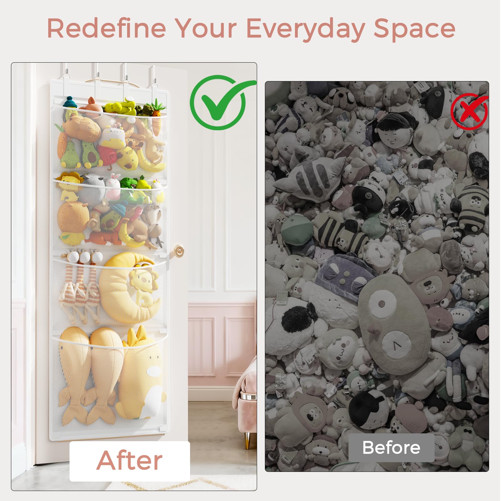 Criusia stuffed animal storage behind the door shows deep pockets for easy access.