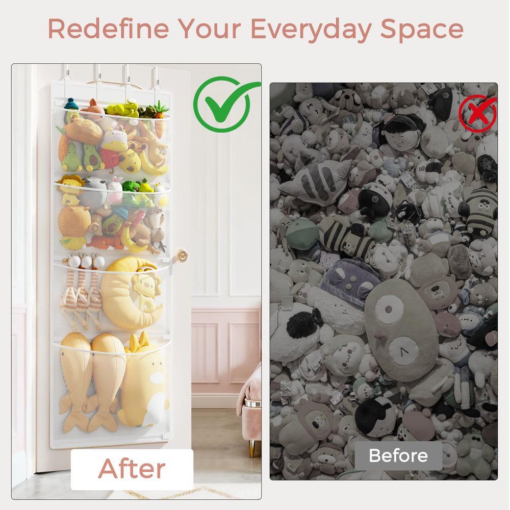 Criusia stuffed animal storage behind the door shows deep pockets for easy access.
