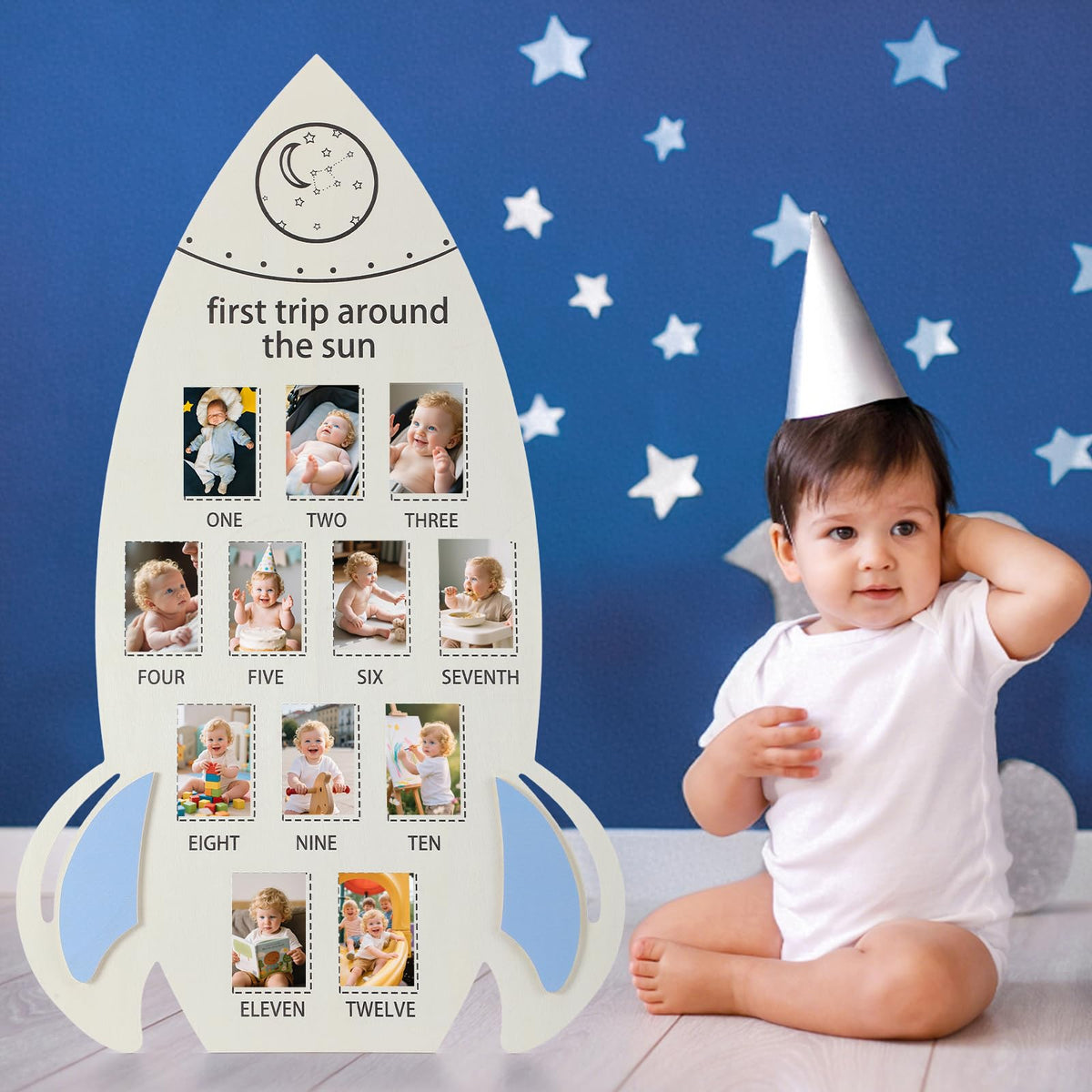 CroBlissful rocket photo board front view for displaying monthly baby photos