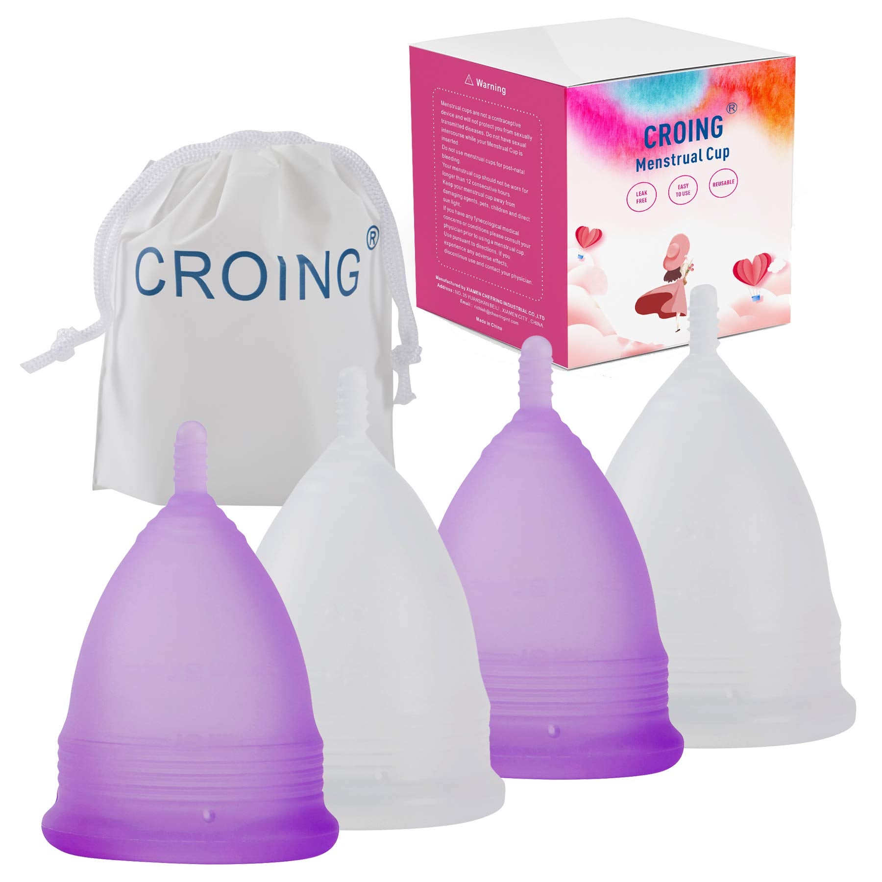 Croing four piece menstrual cup set, front view, eco-friendly daily option.