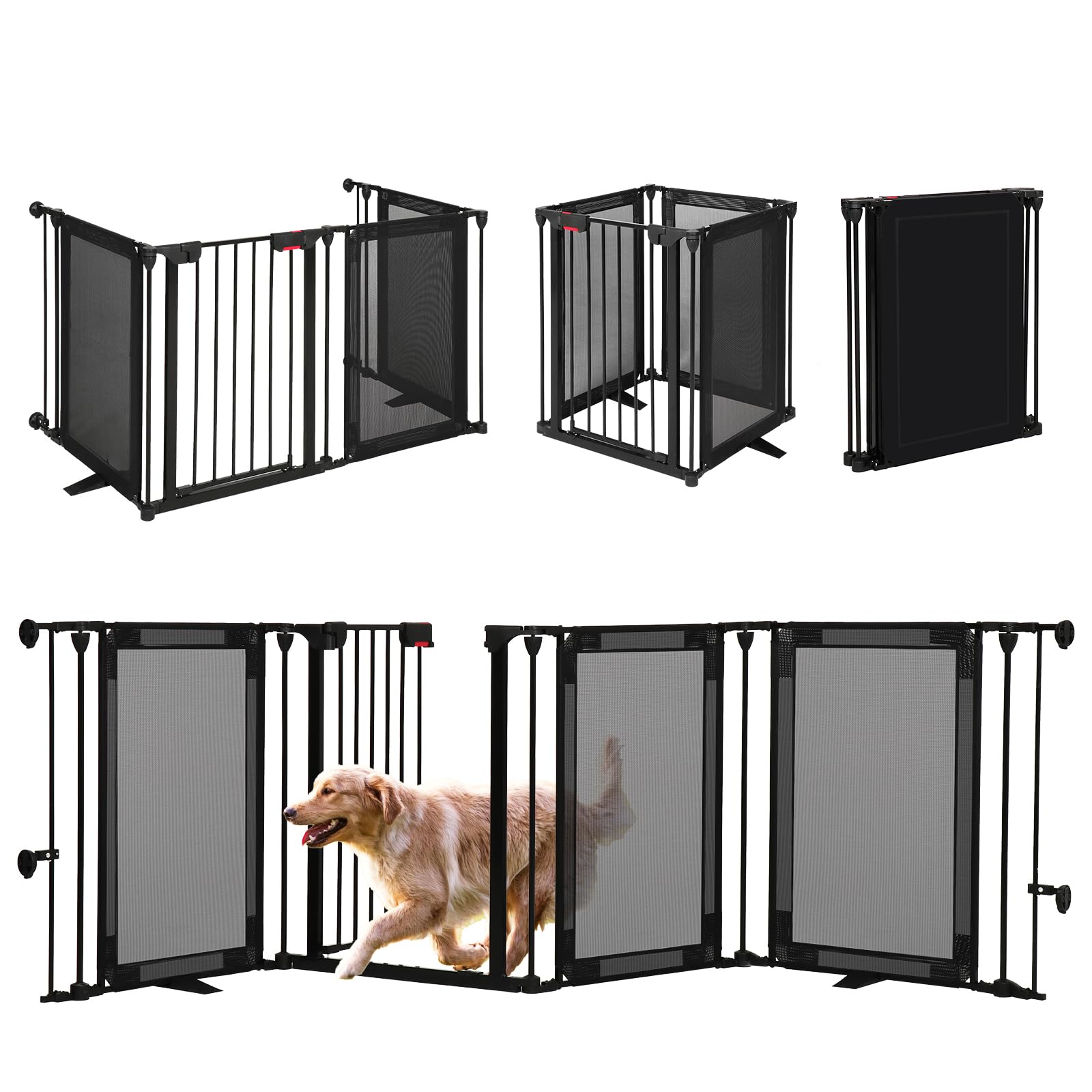CRUDATE freestanding dog gate demonstrates flexible setup for doorways and stairs.