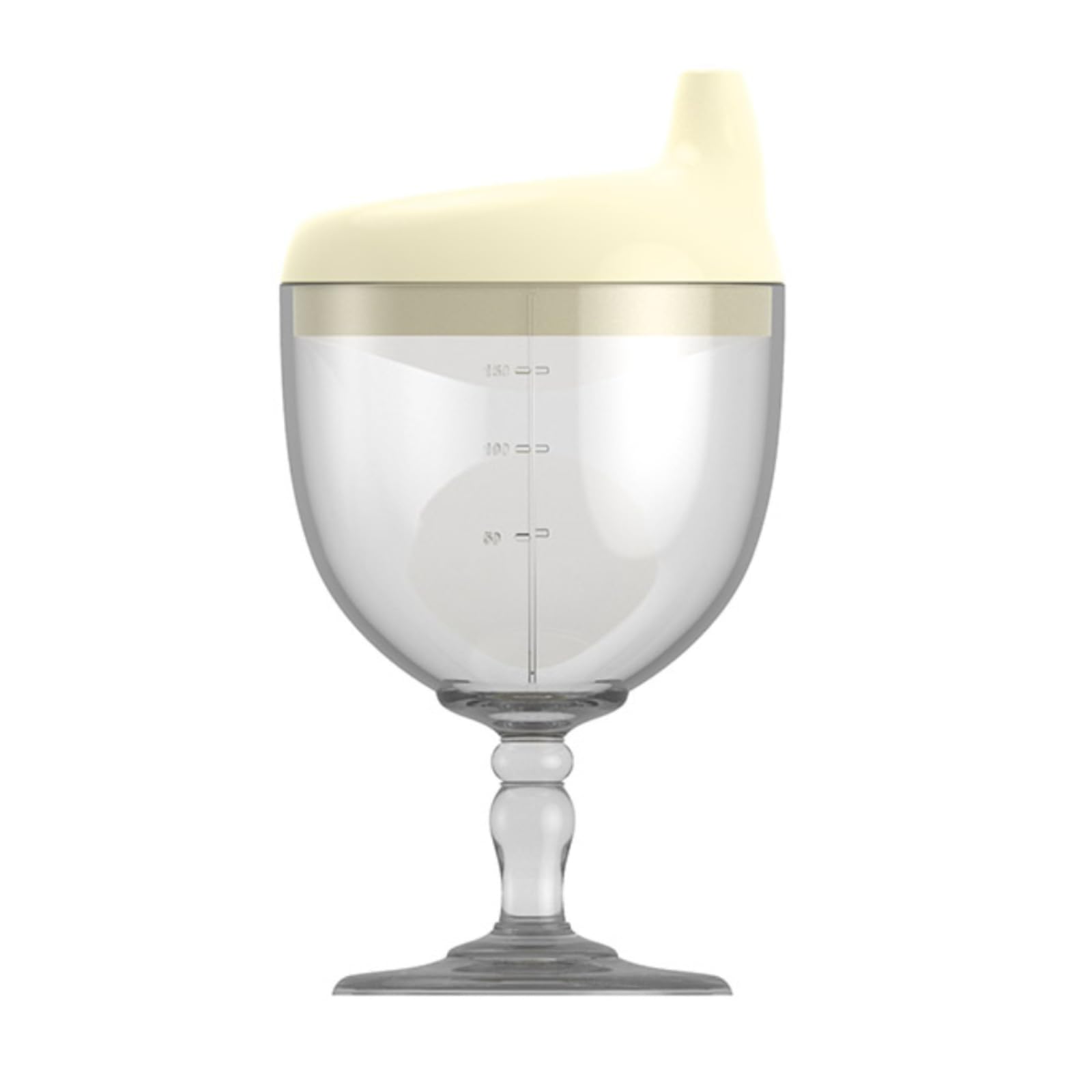 Crumye fancy wine glass sippy bottle yellow front view, spill-proof design for toddlers.