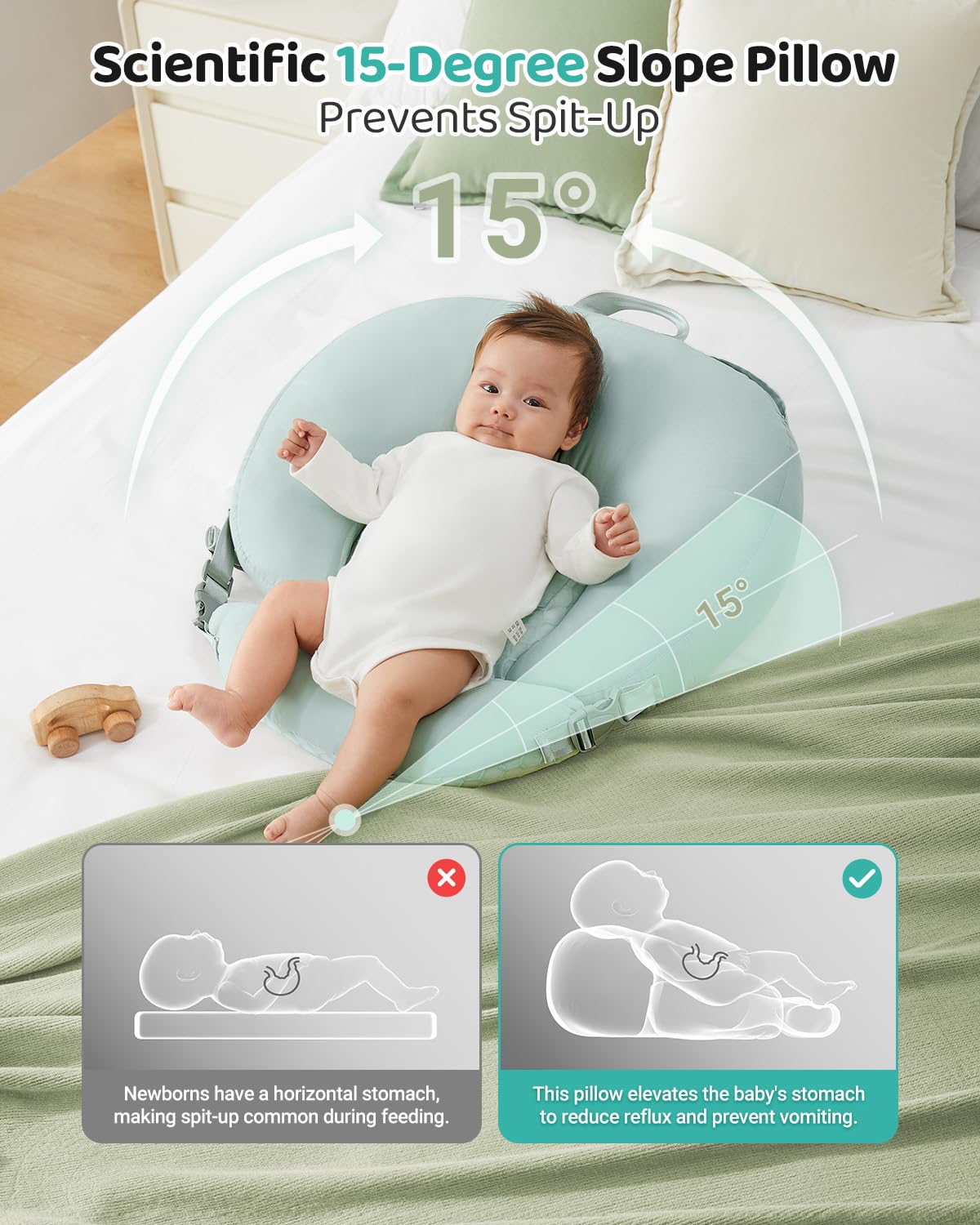 CrystCare nursing pillow showing adjustable buckle and carry handle for portability