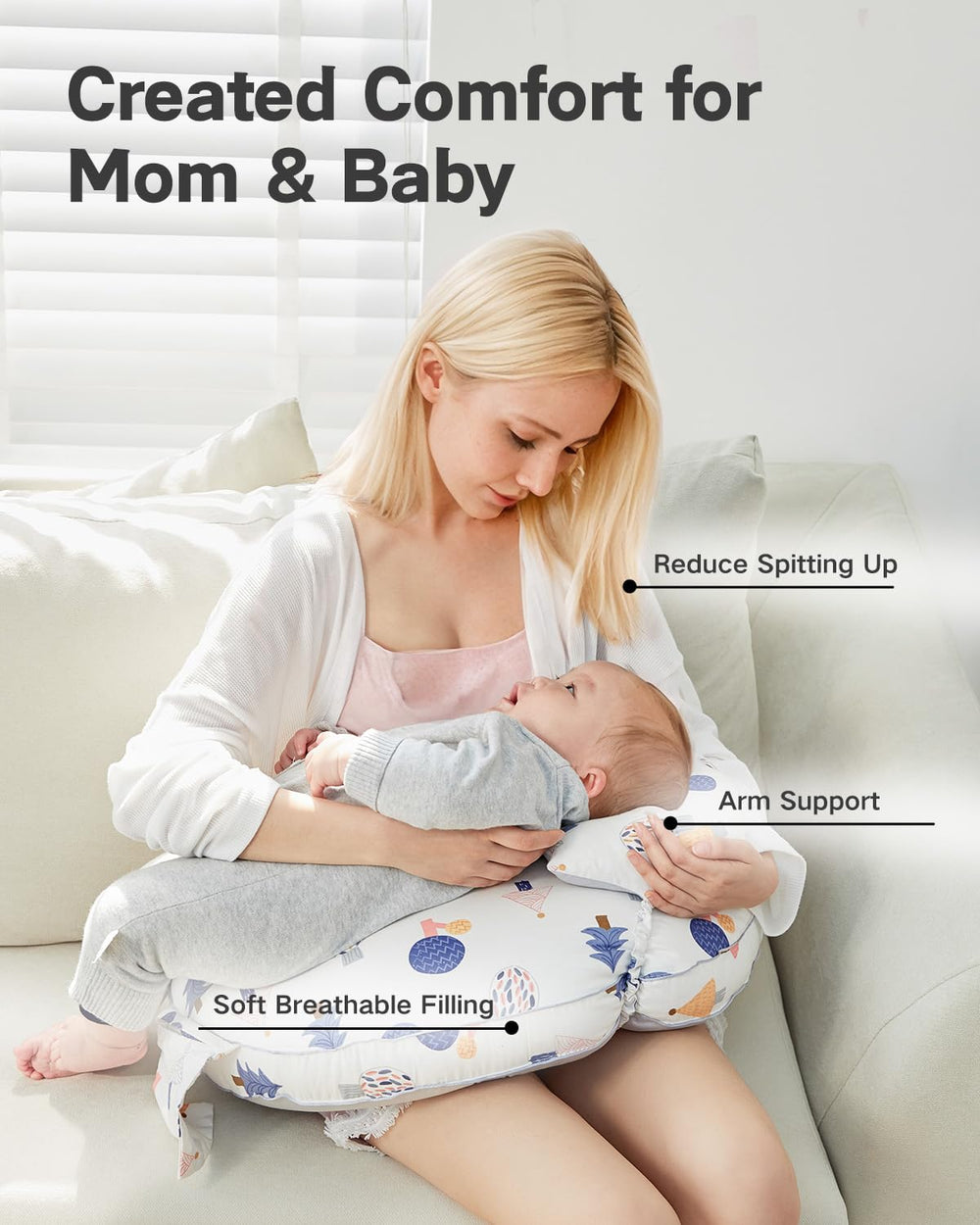 CrystCare nursing pillow demonstrates ideal baby feeding position with ergonomic support.