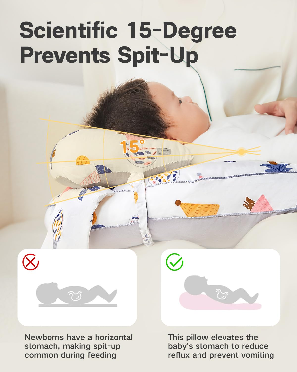 CrystCare nursing pillow demonstrates breastfeeding positioning for mom and baby.