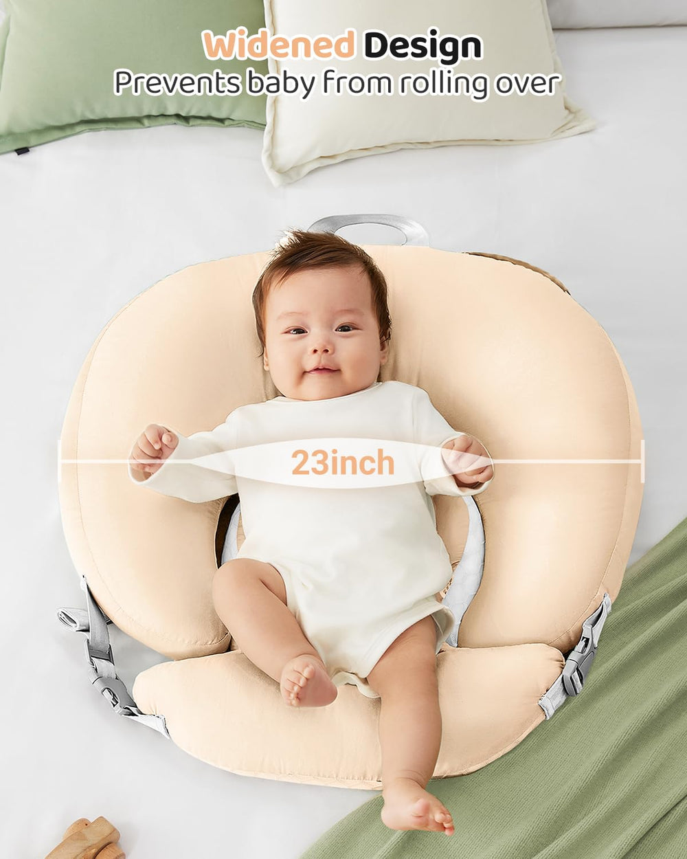 CrystCare nursing pillow with carry handle for easy transport around home.