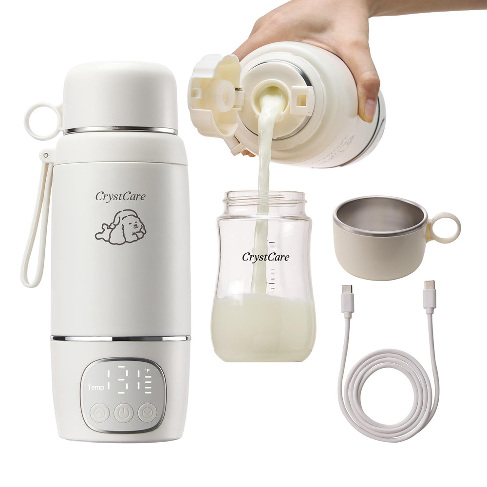 CrystCare portable bottle warmer in use showing quick 5-minute heat for on-the-go feeding