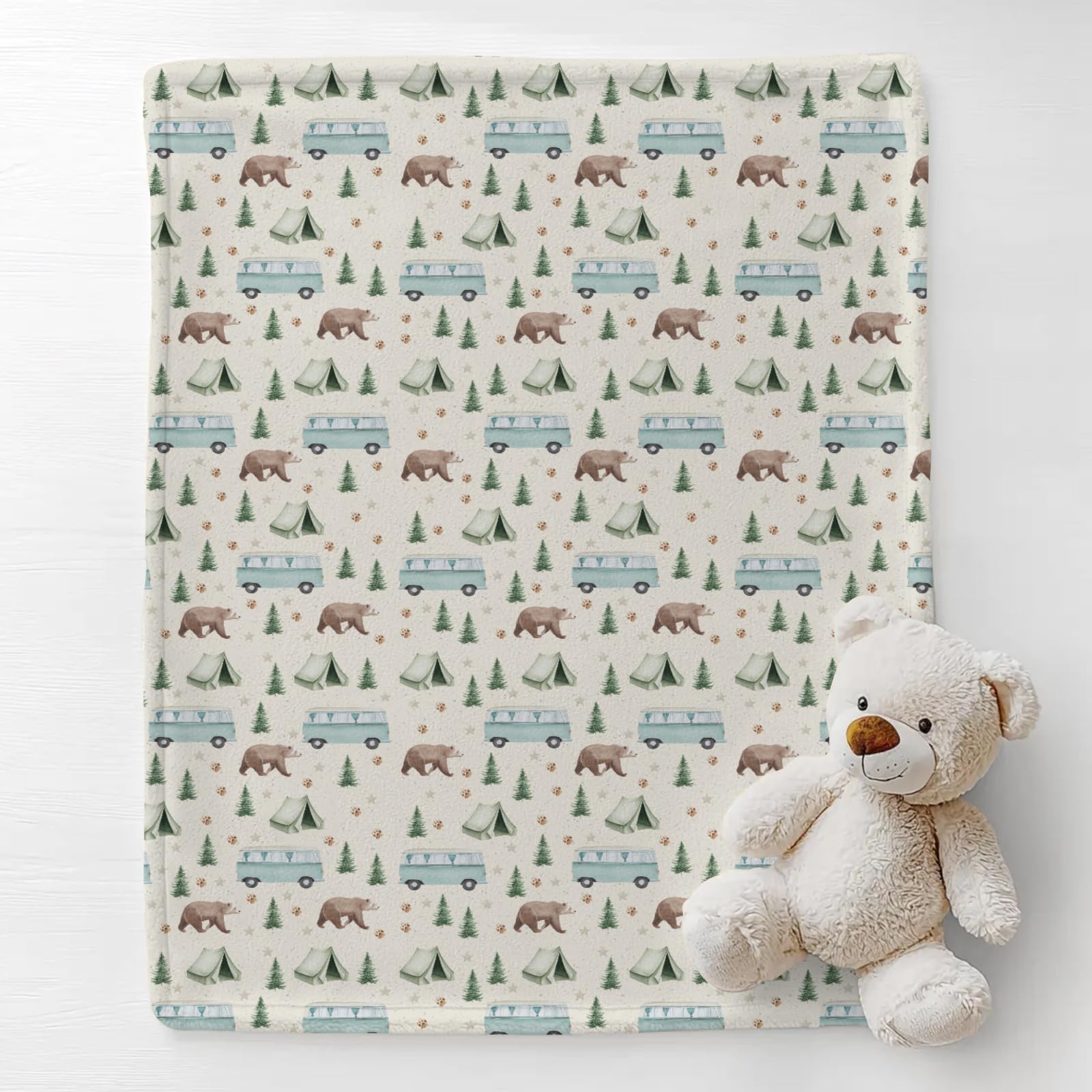 Cstdyfrv Camp Bear Bus Blanket in nursery pattern adds cozy charm to the room