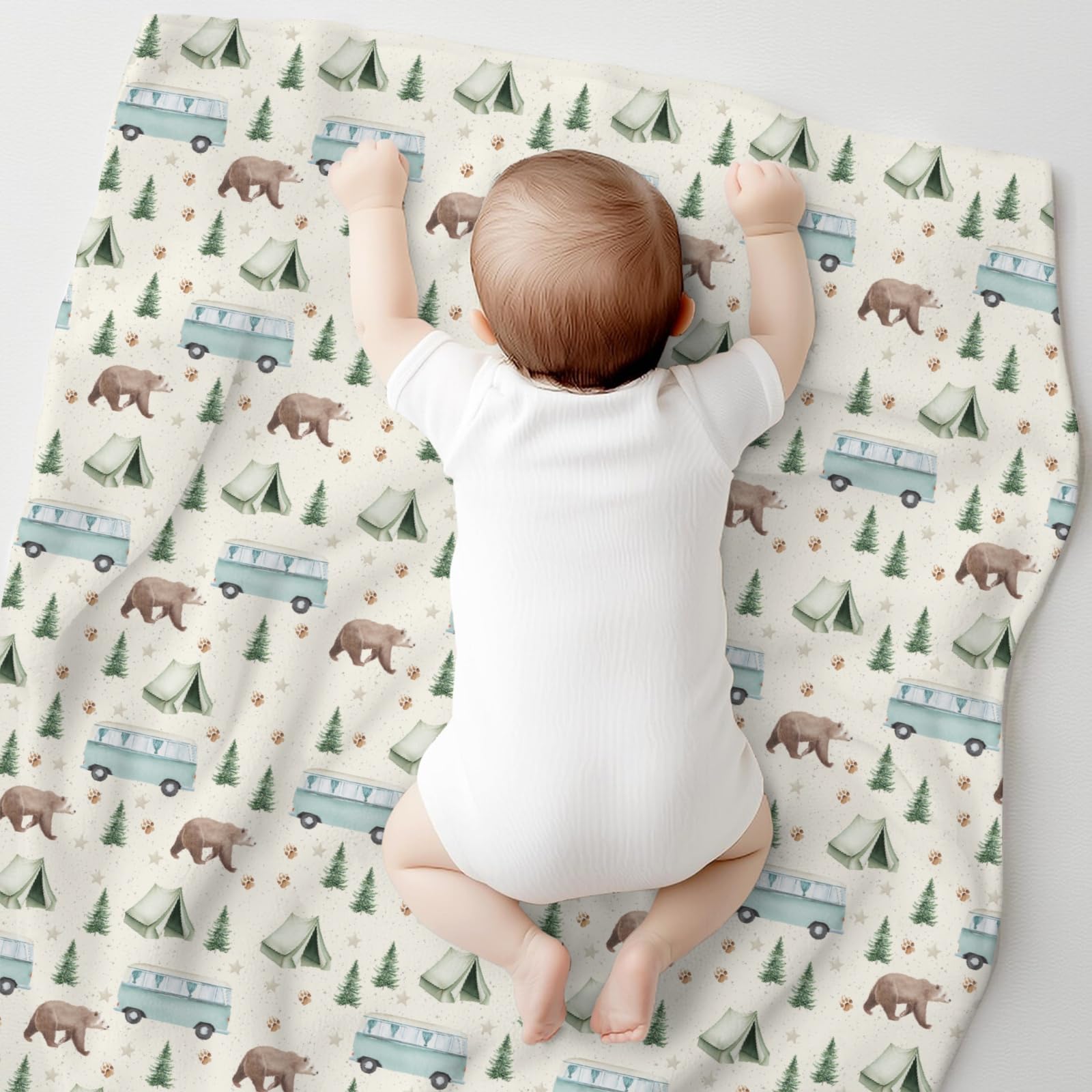 Cstdyfrv Camp Bear Bus Blanket acts as stroller shade on sunny outings