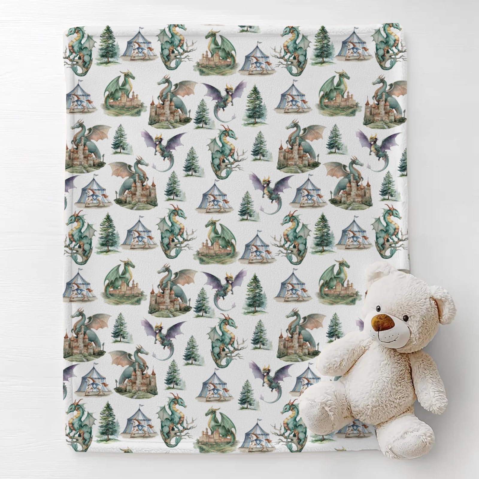 Cstdyfrv Castle and trees pattern blanket enhances nursery decor.
