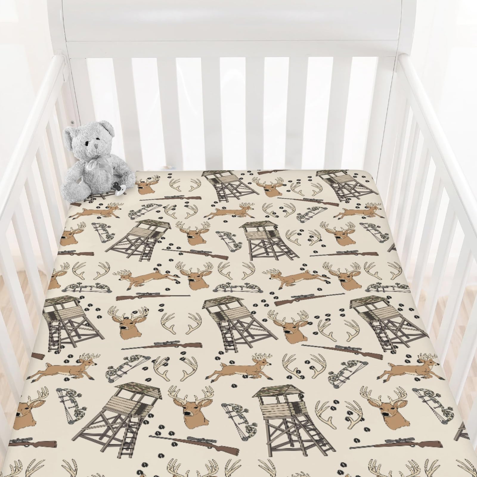 Cstdyfrv Deer Hunting crib sheet with elastic edge keeps sheets secure.