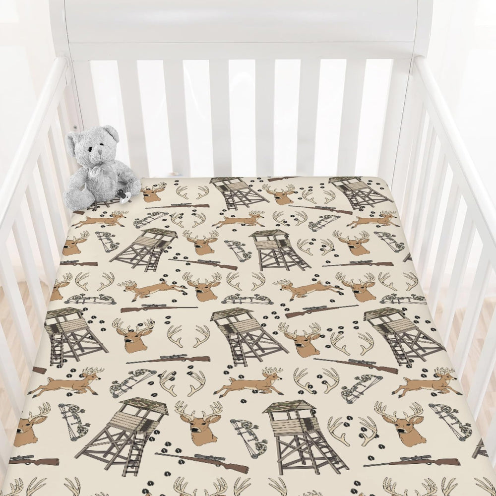 Cstdyfrv Deer Hunting crib sheet with elastic edge keeps sheets secure.