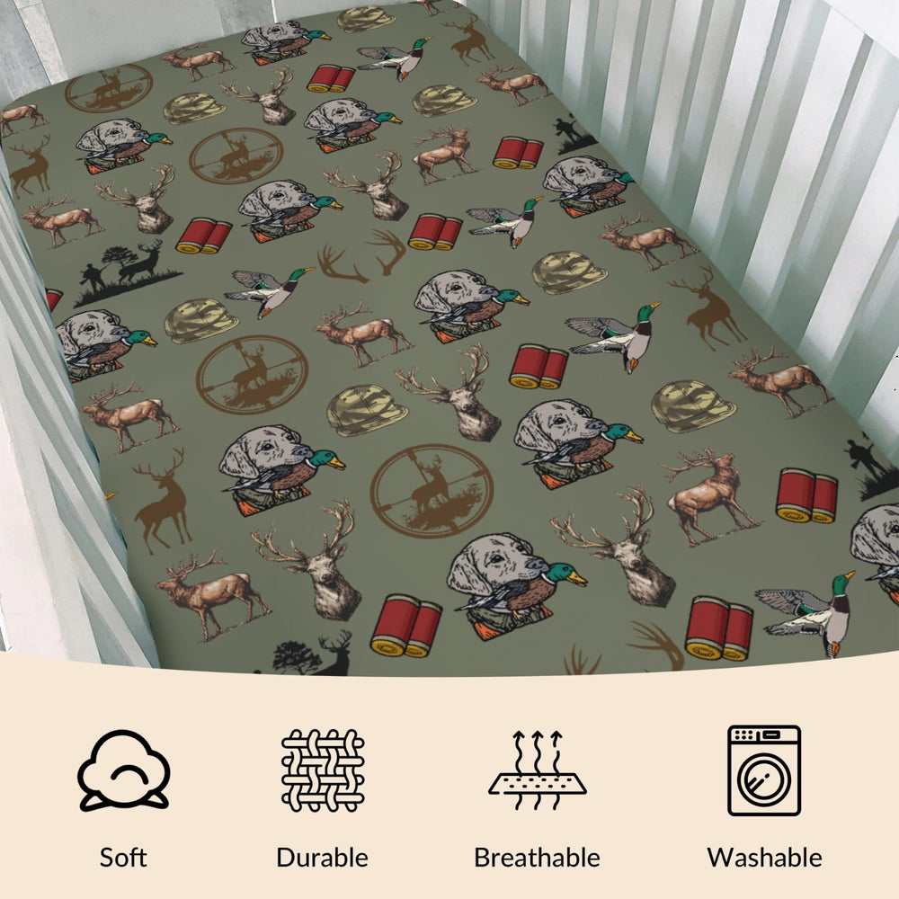 Cstdyfrv duck hunting print crib sheet adds outdoorsy charm to nursery decor.