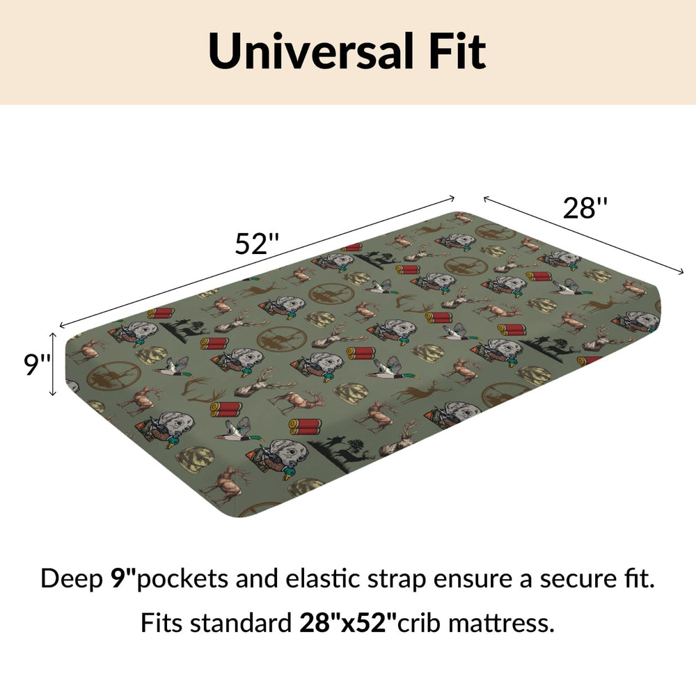 Cstdyfrv outdoor camo crib sheet demonstrates secure elastic edge for snug fit.
