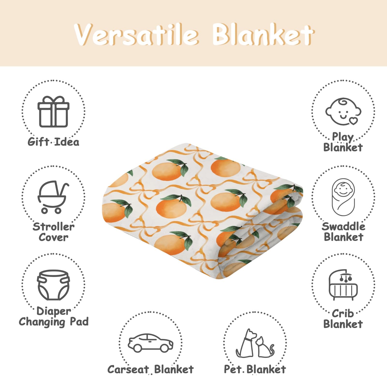 Cstdyfrv Watercolor Oranges Bows baby blanket fits 30x40 size for swaddle or comfort.