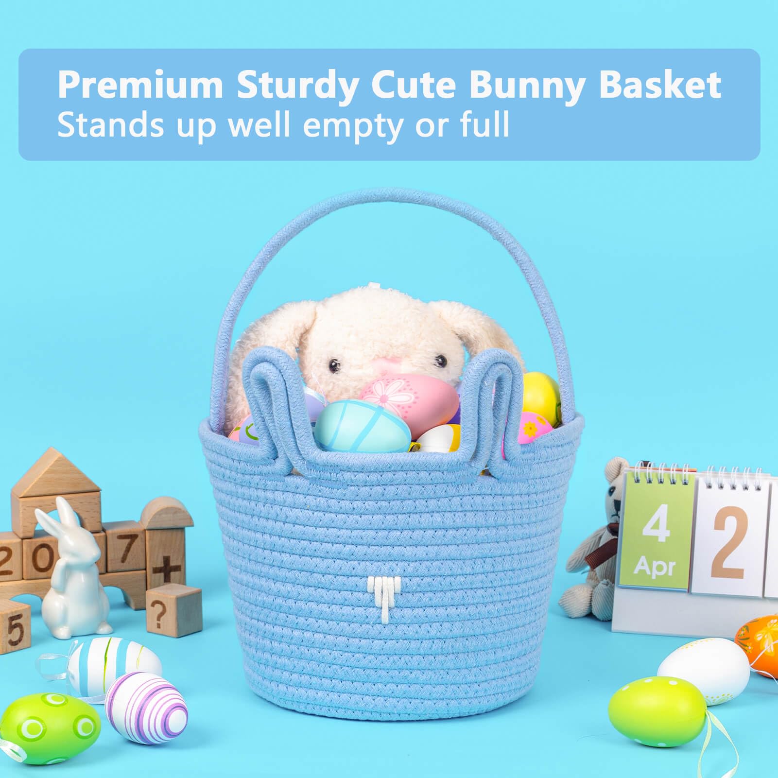 CubesLand blue Easter basket with handle, easy for kids to carry.