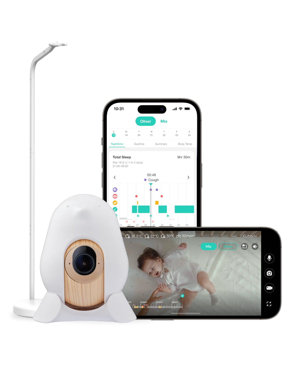 CuboAi Monitor 3 floor stand view for steady day and night baby checks.