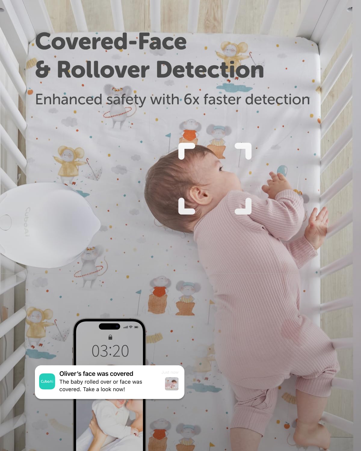 CuboAi Monitor 3 sleep alerts flag covered faces and rollovers.