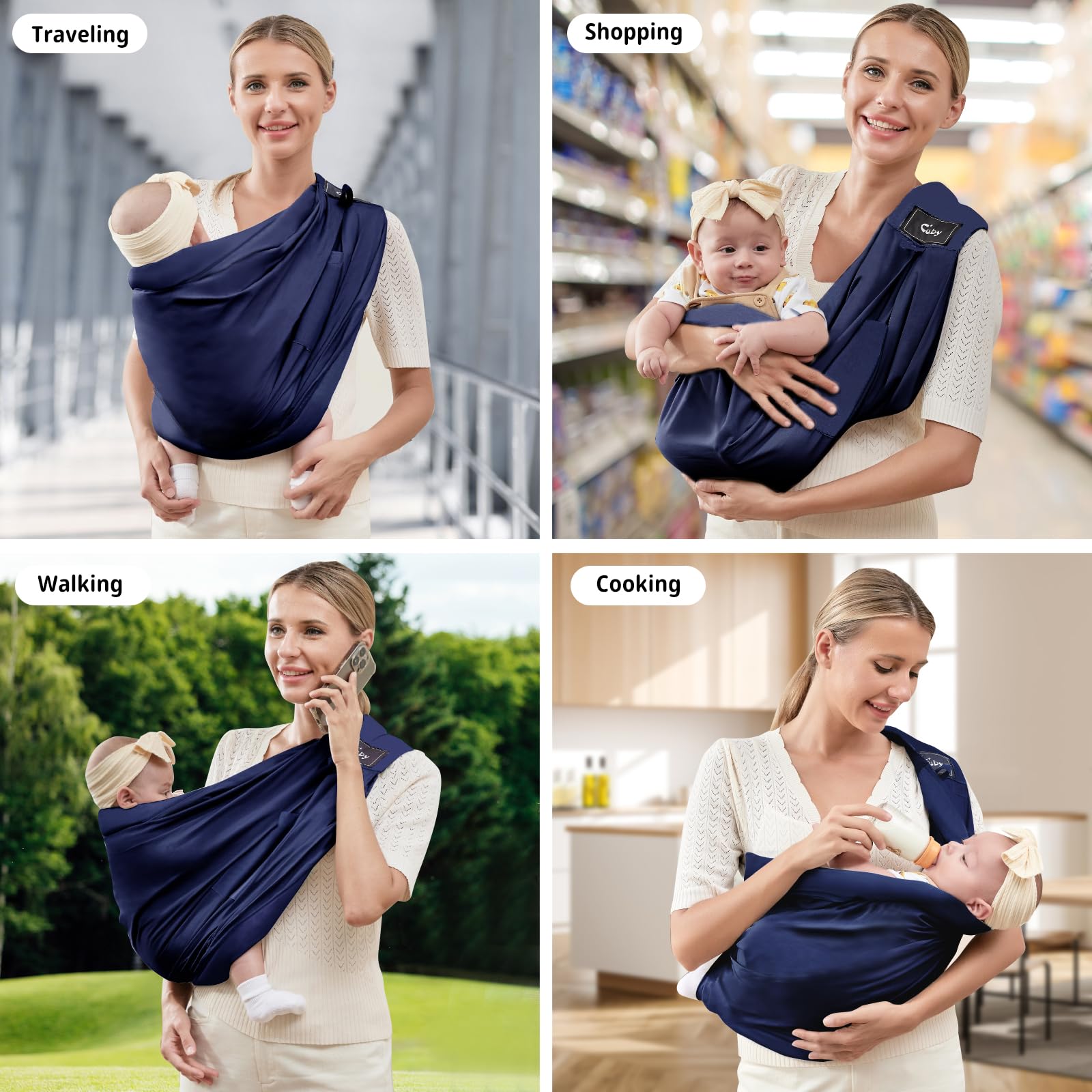 Cuby baby carrier dark blue doubles as breastfeeding cover for hands free feeding
