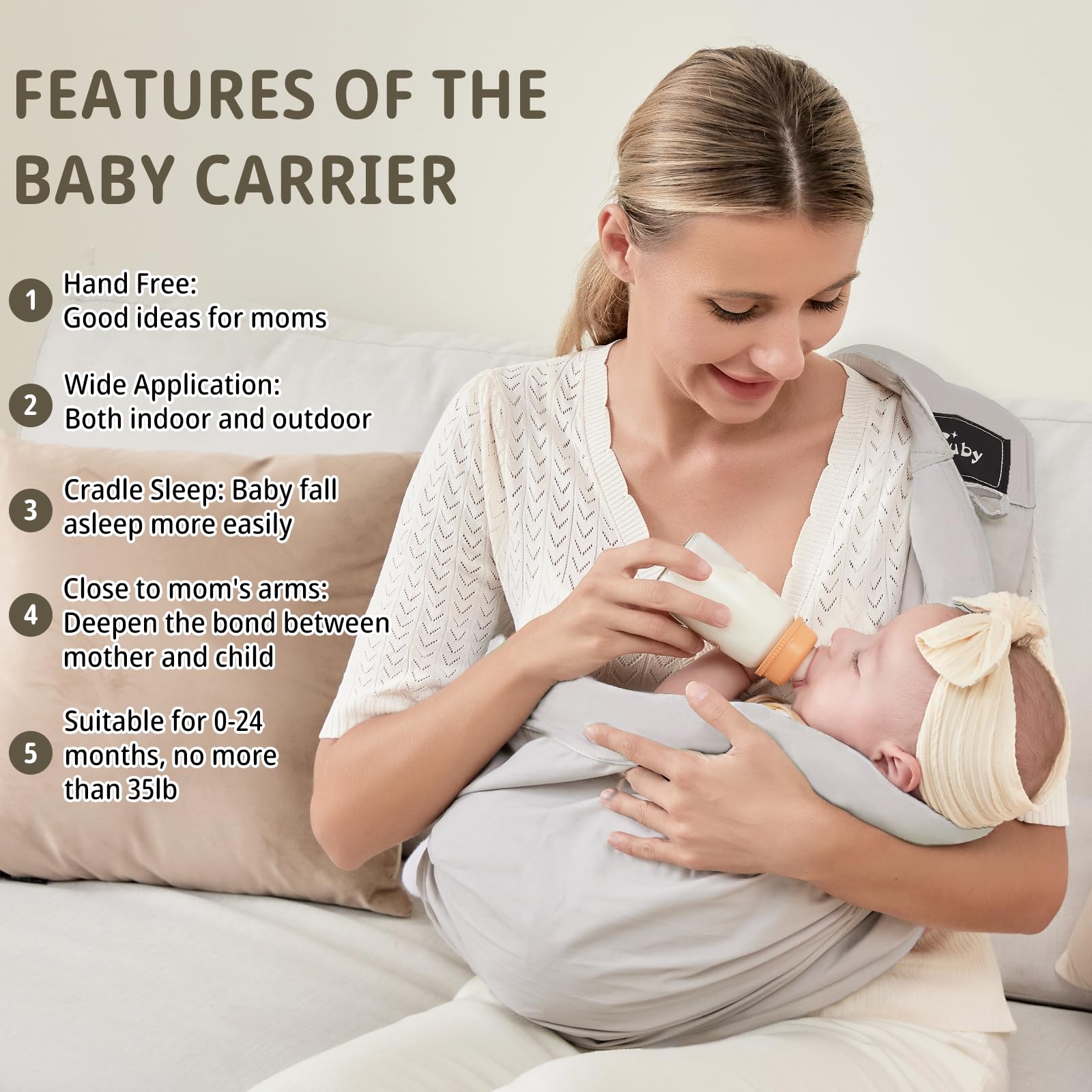 Cuby baby carrier soft cotton fabric highlights breathable, skin-friendly material ideal for year-round wear.