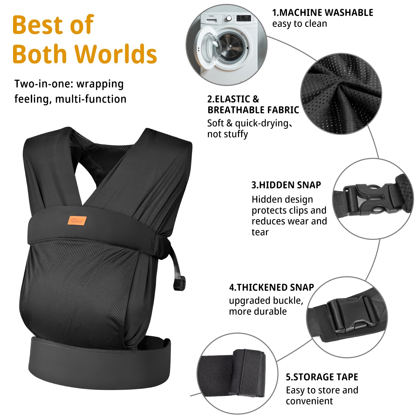CUBY baby seated in ergonomic hip-position inside the wrap.