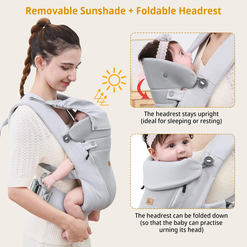CUBY newborn carrier sunshield blocks sun while baby rides comfortably.