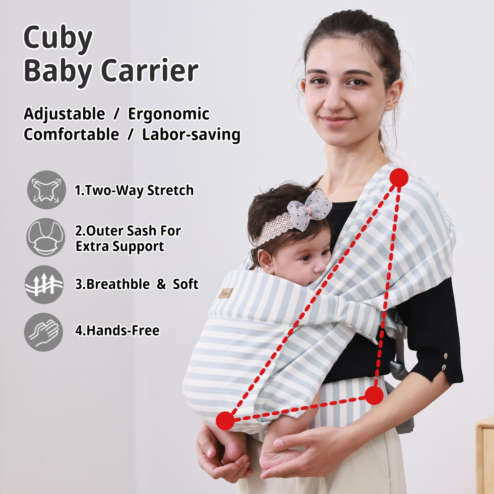 CUBY newborn wrap ergonomic design supports comfortable parent and baby wearing.