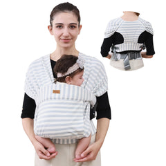 CUBY newborn wrap in green stripe front carry for hands-free bonding.