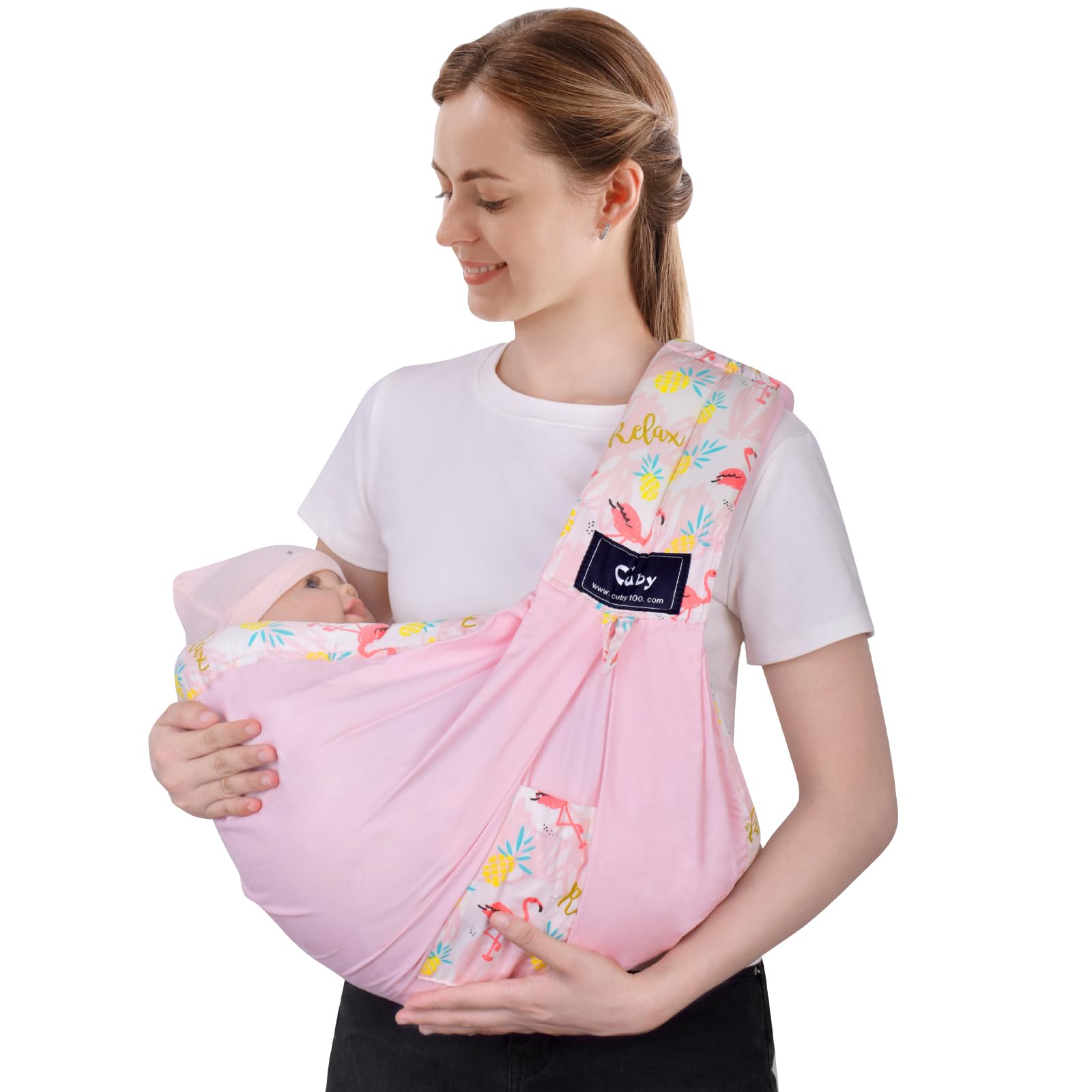 Cuby pink flamingo baby carrier front view shows comfortable support.