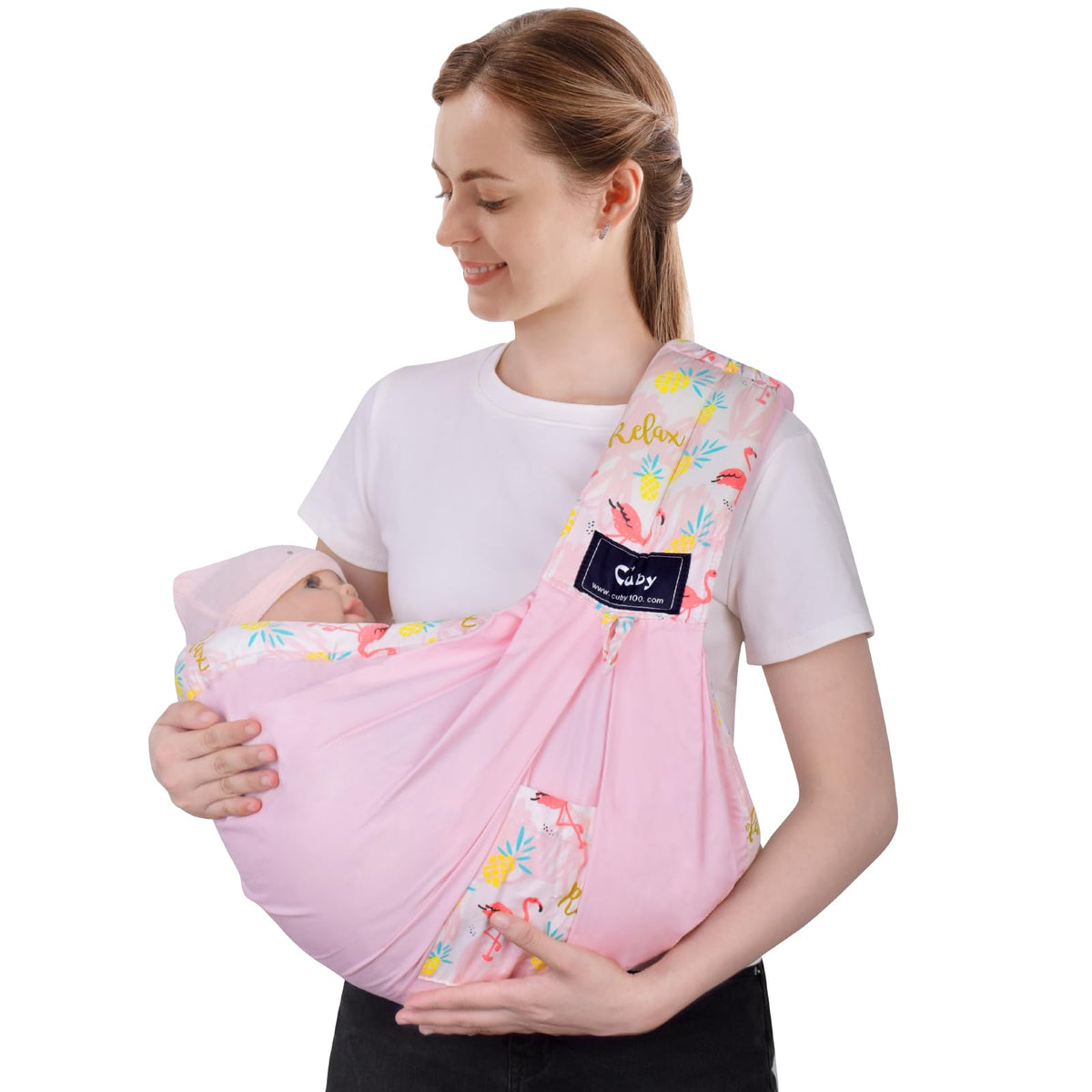 Cuby pink flamingo baby carrier front view shows comfortable support.