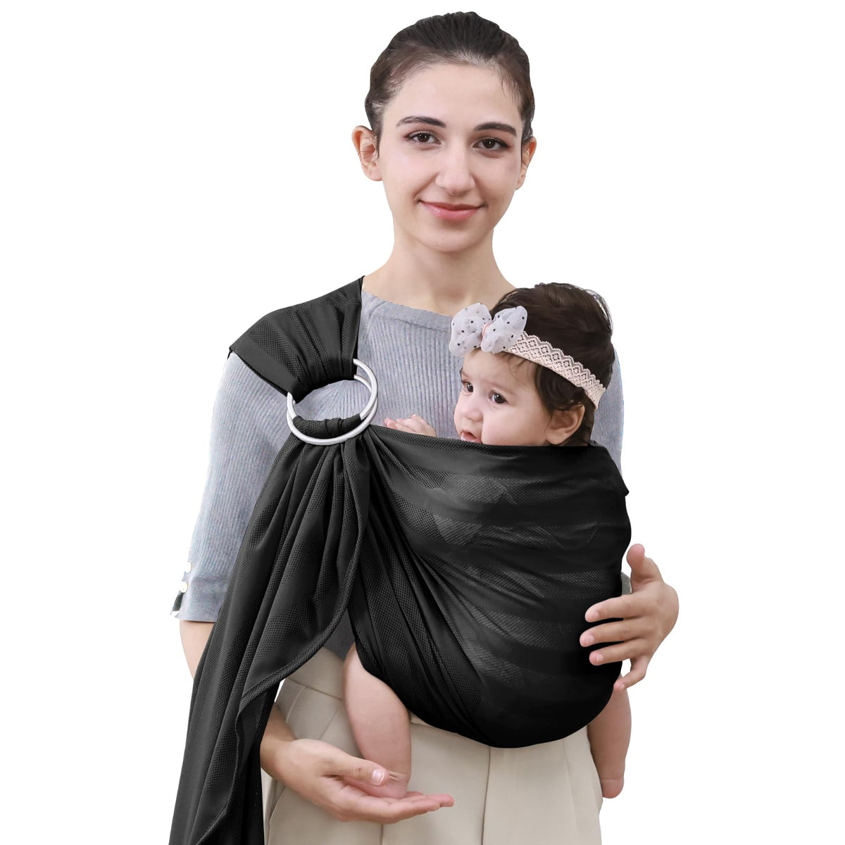 Cuby Water Baby Sling in black stripe, front view highlighting breathable, lightweight construction