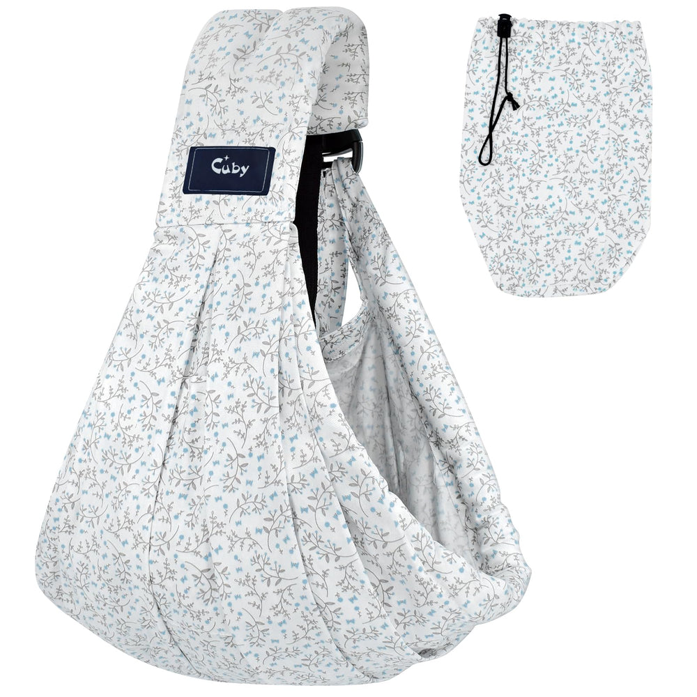 CUBY Wrap Baby Sling in blue flower pattern, breathable cotton for everyday comfort.