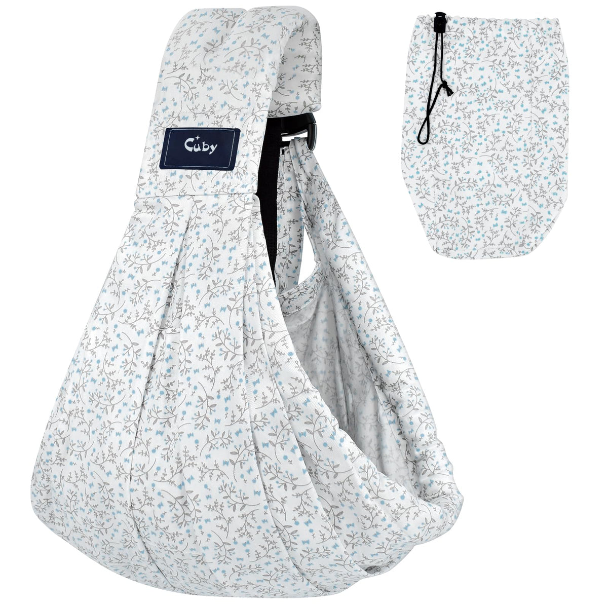 CUBY Wrap Baby Sling in blue flower pattern, breathable cotton for everyday comfort.