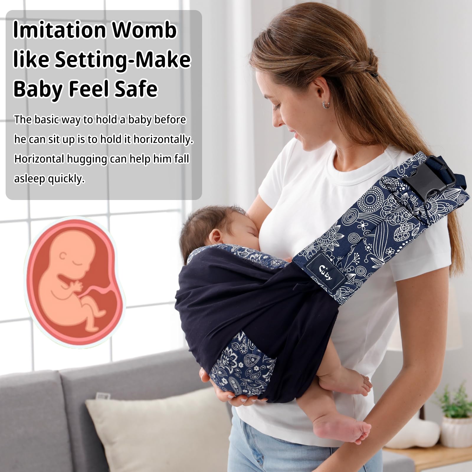 CUBY Wrap Baby Sling newborn padding highlights soft cotton comfort and support.
