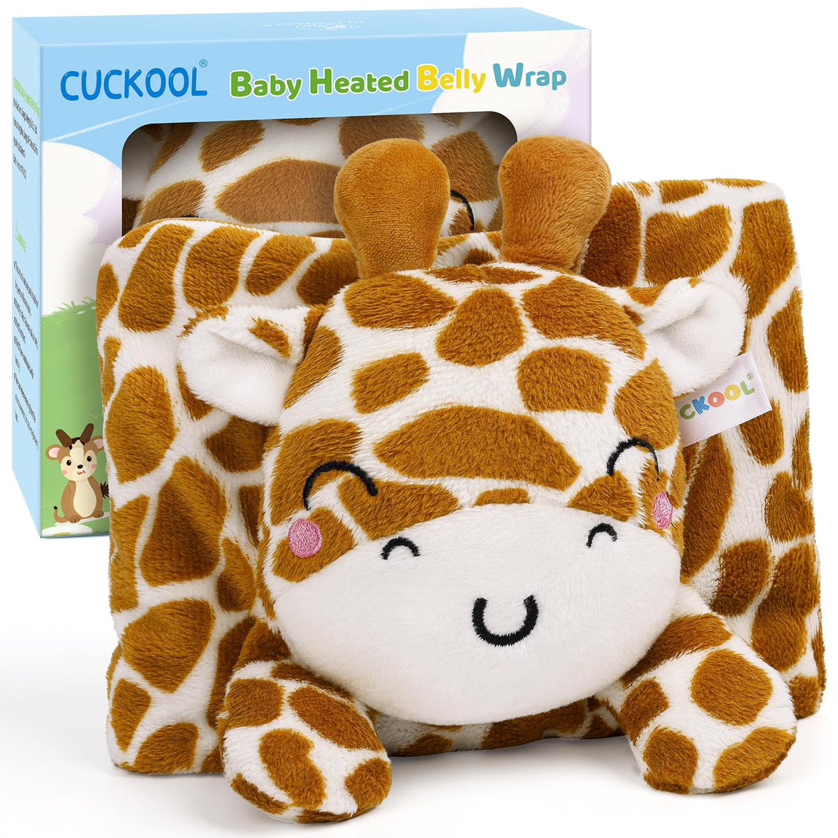 Cuckool baby belly wrap with giraffe design providing soothing warmth for colic relief.