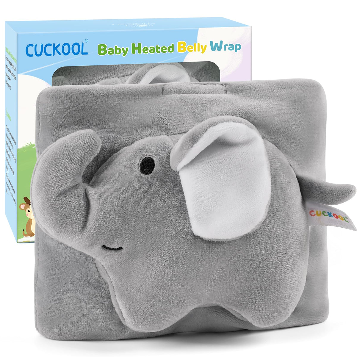 CUCKOOL elephant belly wrap on baby, showing tummy warmth and cute design.