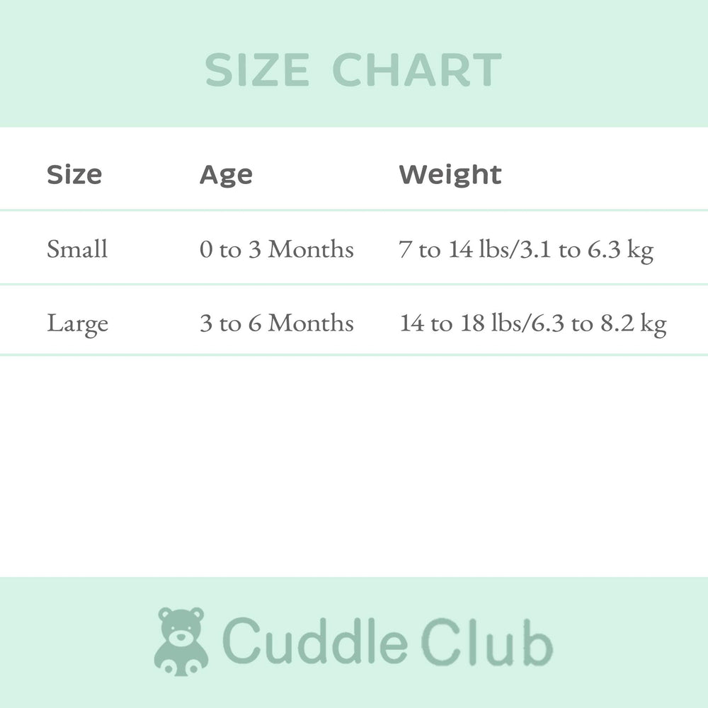 Cuddle Club swaddle with easy-adjustment closure designed for growing babies.