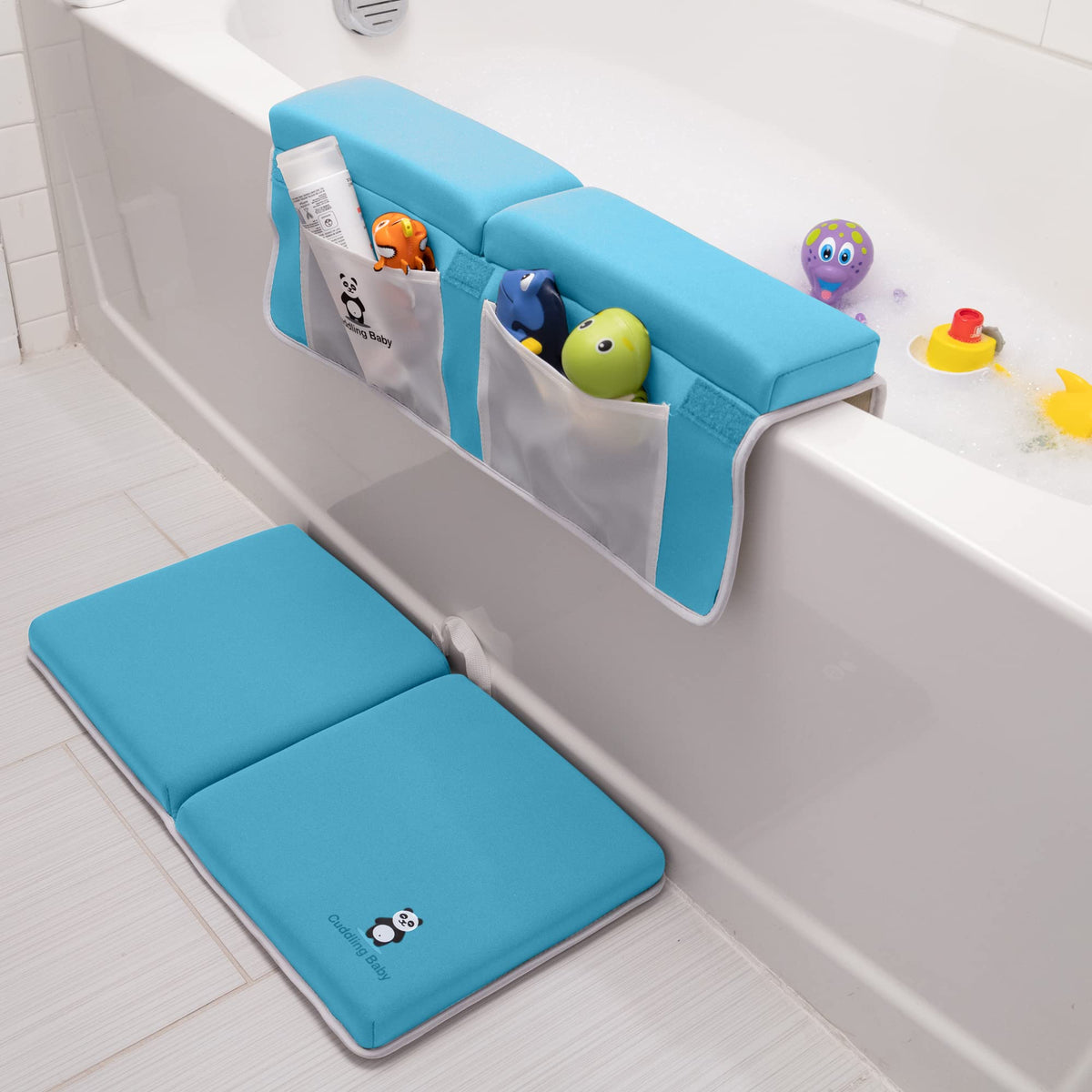 Cuddling Baby bath kneeler blue reduces knee strain during bath time.
